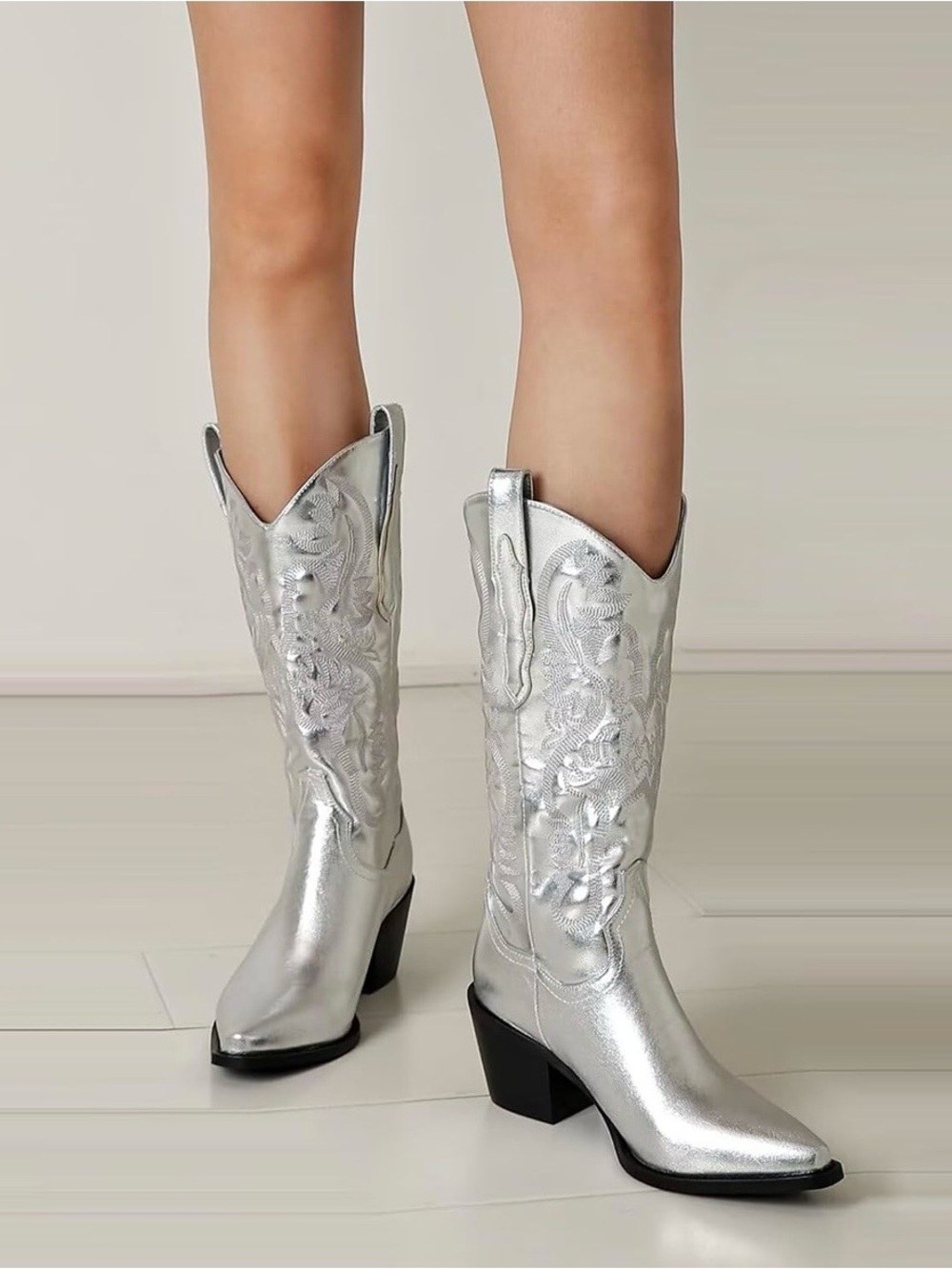 Silver Western Cowgirl Knee-High Boots - Women's